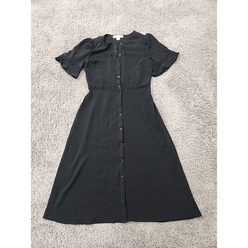 Monteau Button Front Dress Womens Large Black Good Lace Trim Crepe Midi